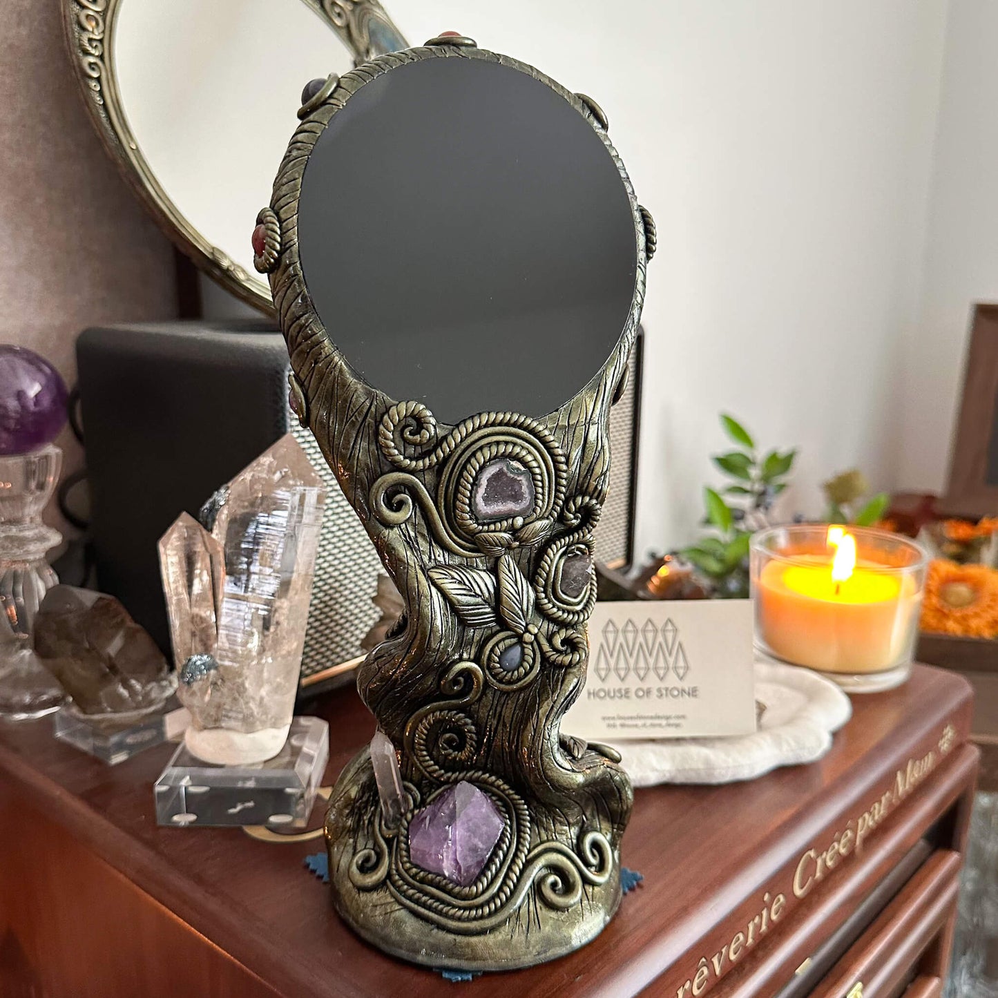 Handmade Natural Black Obsidian Mirror/Magic Obsidian Witch/Crystal Quartz with Base/Scrying Mirror/Root Chakra/Manifest Altar Tool