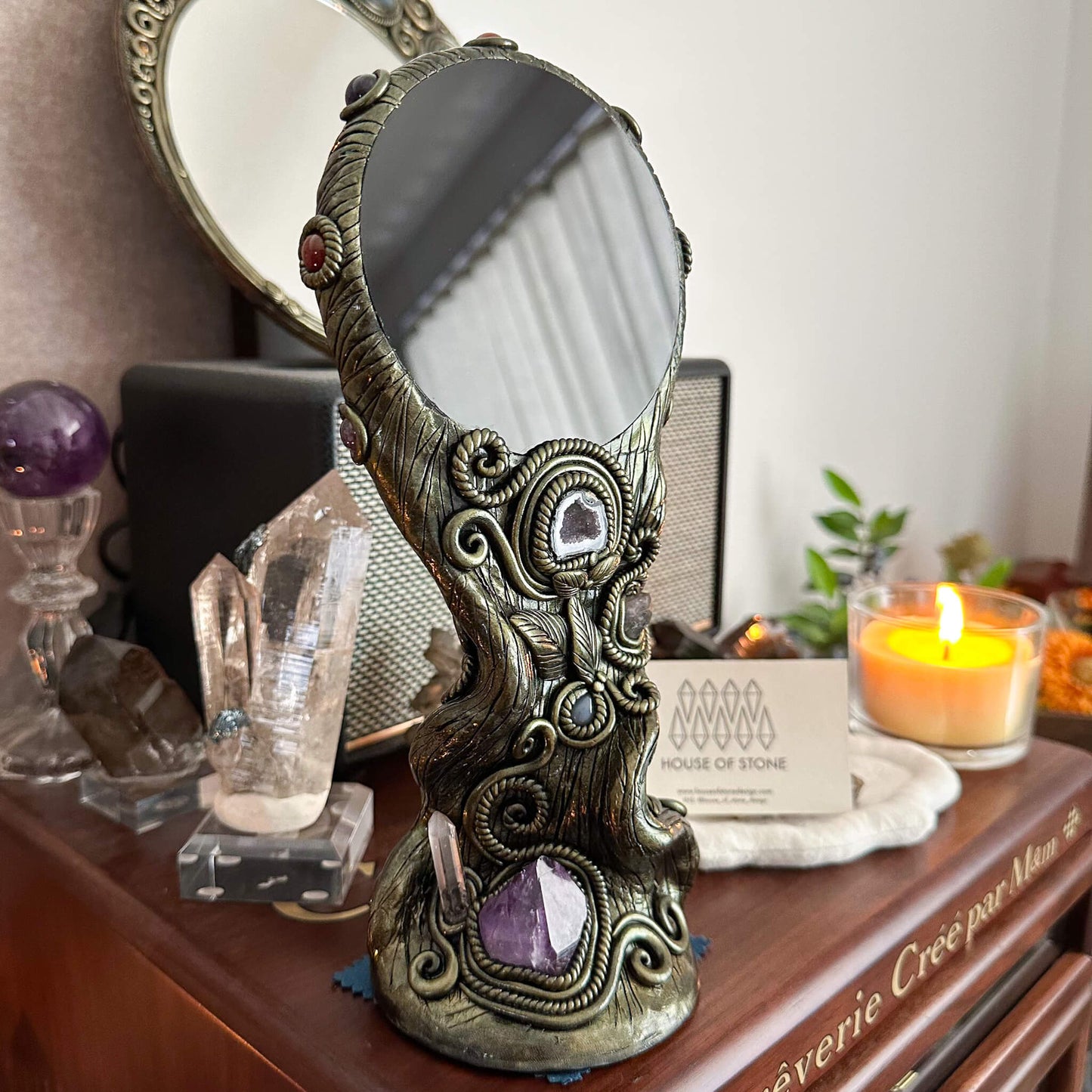Handmade Natural Black Obsidian Mirror/Magic Obsidian Witch/Crystal Quartz with Base/Scrying Mirror/Root Chakra/Manifest Altar Tool