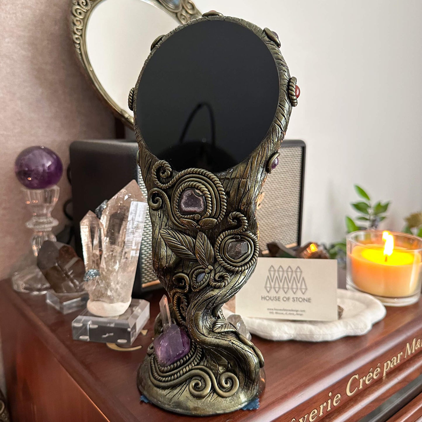 Handmade Natural Black Obsidian Mirror/Magic Obsidian Witch/Crystal Quartz with Base/Scrying Mirror/Root Chakra/Manifest Altar Tool