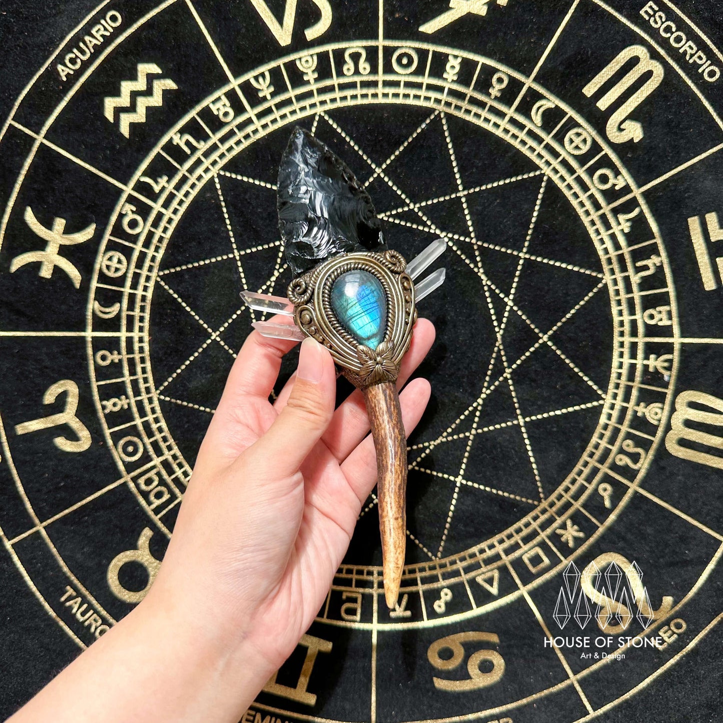 Natural Handmade Black Obsidian AntlerWand/Magic Obsidian Witch Crystal Wand/Labradorite AntlerWand/Chakra/Manifest Altar Tool