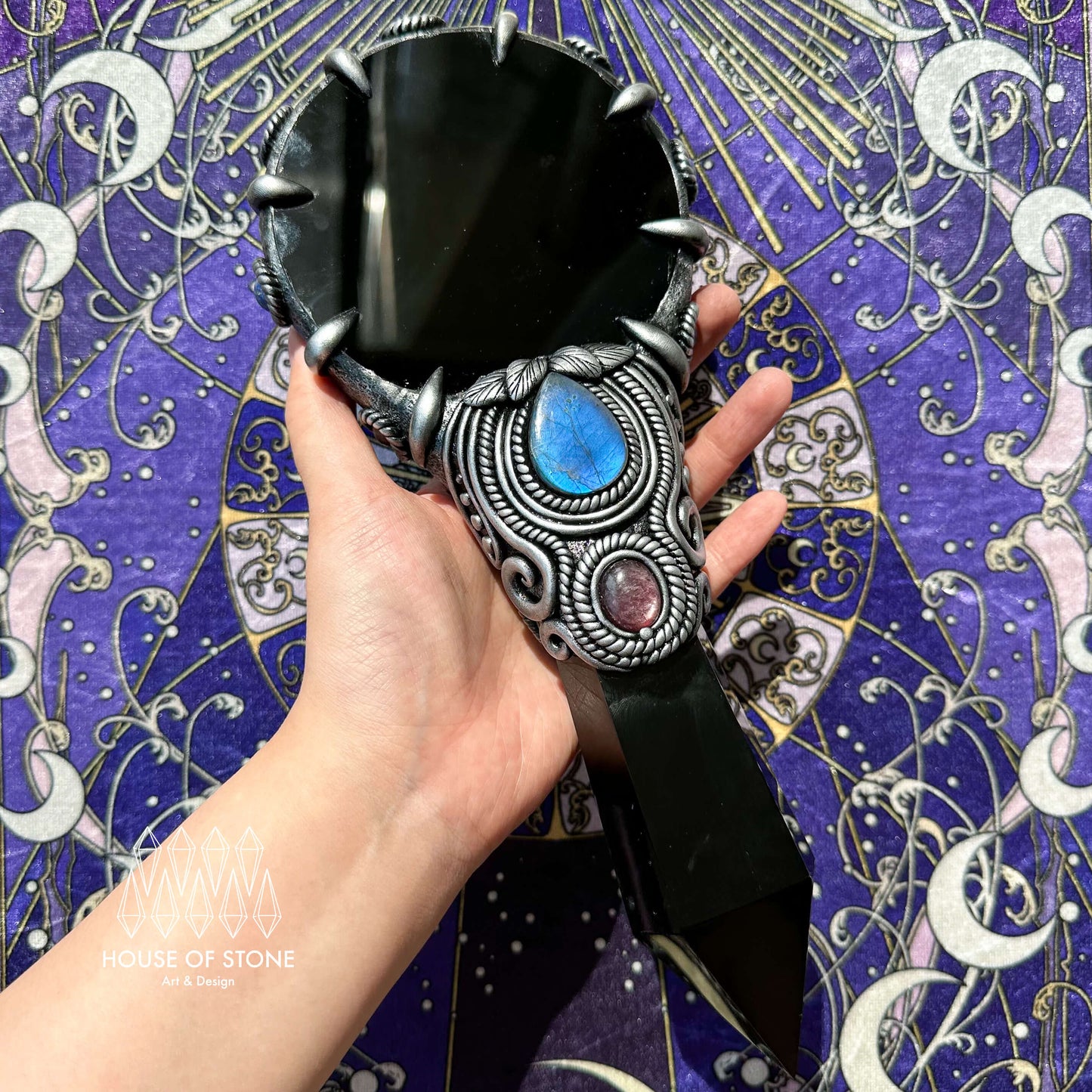 Handmade Natural Black Obsidian Mirror/Magic Obsidian Witch Wand/Crystal Quartz Wand/Scrying Mirror Wand/Root Chakra/Manifest Altar Tool