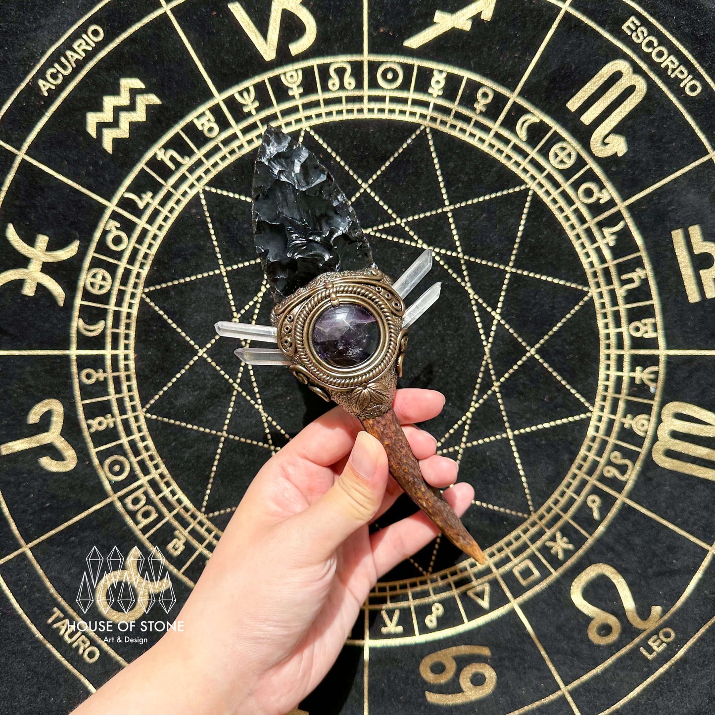 Natural Handmade Black Obsidian AntlerWand/Magic Obsidian Witch Crystal Wand/Labradorite AntlerWand/Chakra/Manifest Altar Tool