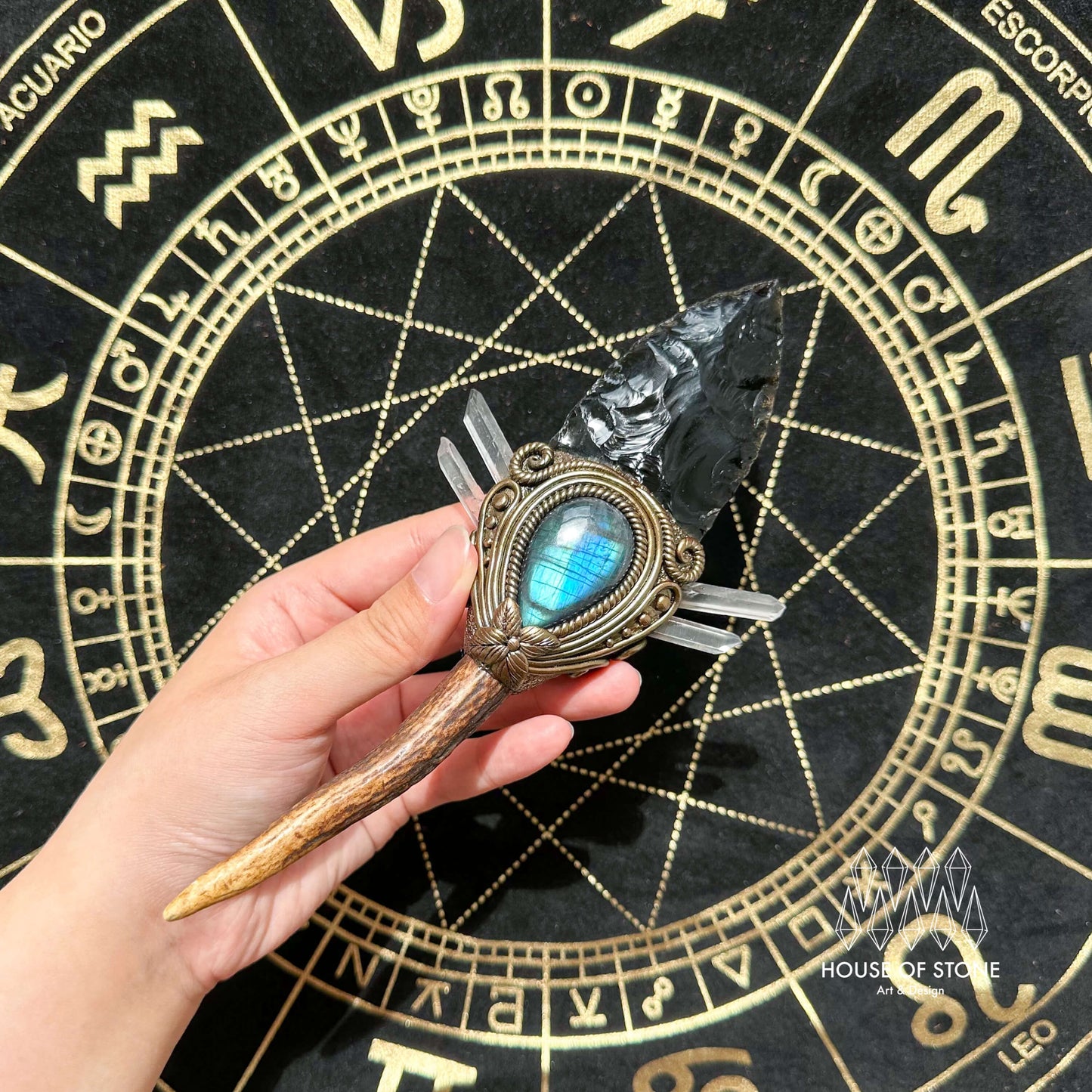 Natural Handmade Black Obsidian AntlerWand/Magic Obsidian Witch Crystal Wand/Labradorite AntlerWand/Chakra/Manifest Altar Tool