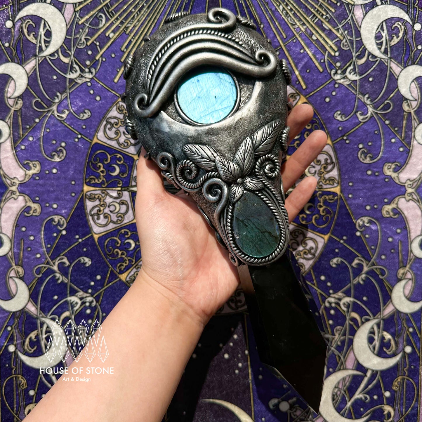 Handmade Natural Black Obsidian Mirror/Magic Obsidian Witch Wand/Crystal Quartz Wand/Scrying Mirror Wand/Root Chakra/Manifest Altar Tool