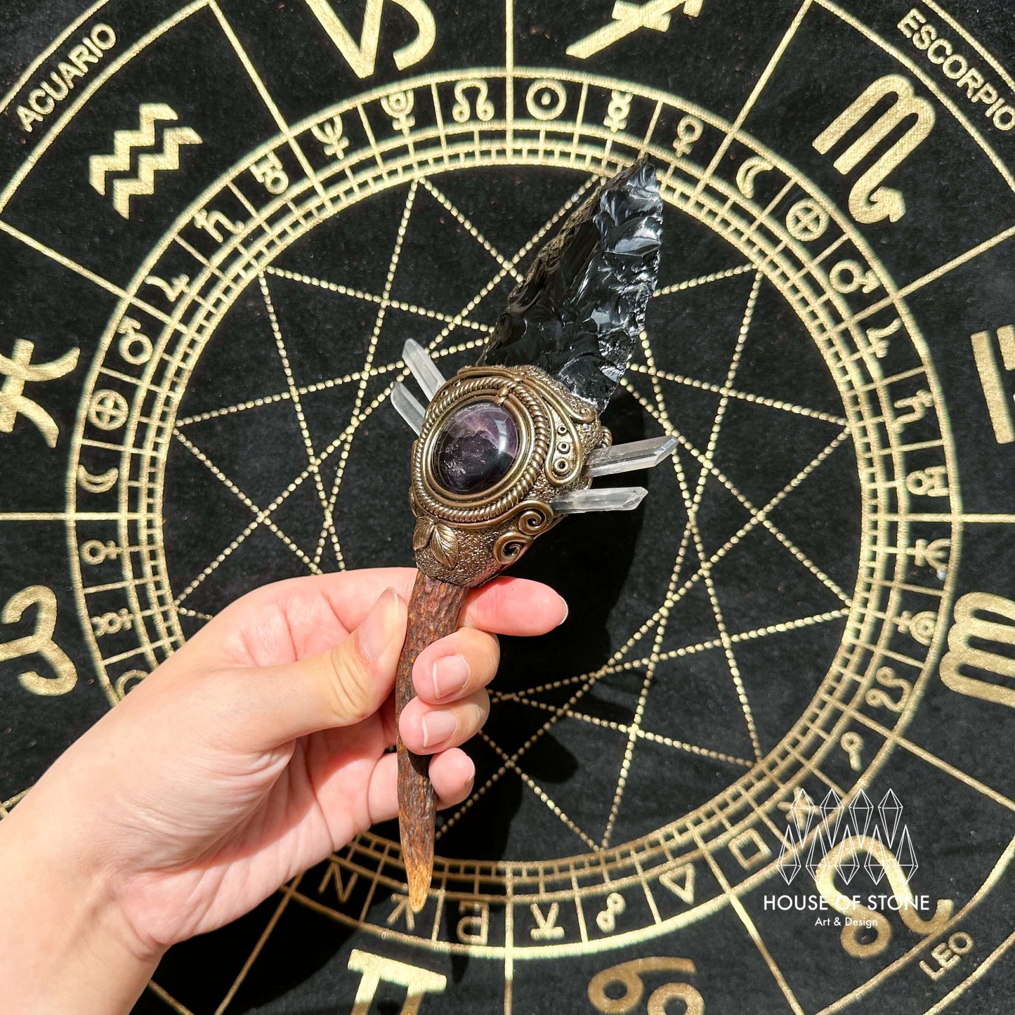 Natural Handmade Black Obsidian AntlerWand/Magic Obsidian Witch Crystal Wand/Labradorite AntlerWand/Chakra/Manifest Altar Tool