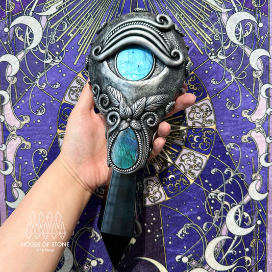 Handmade Natural Black Obsidian Mirror/Magic Obsidian Witch Wand/Crystal Quartz Wand/Scrying Mirror Wand/Root Chakra/Manifest Altar Tool