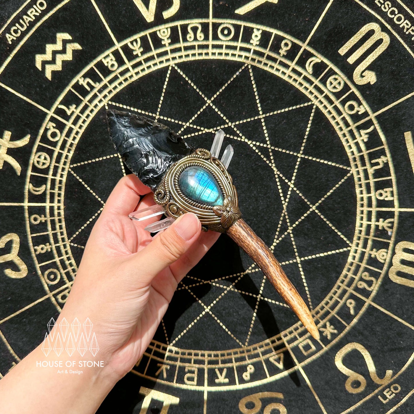 Natural Handmade Black Obsidian AntlerWand/Magic Obsidian Witch Crystal Wand/Labradorite AntlerWand/Chakra/Manifest Altar Tool