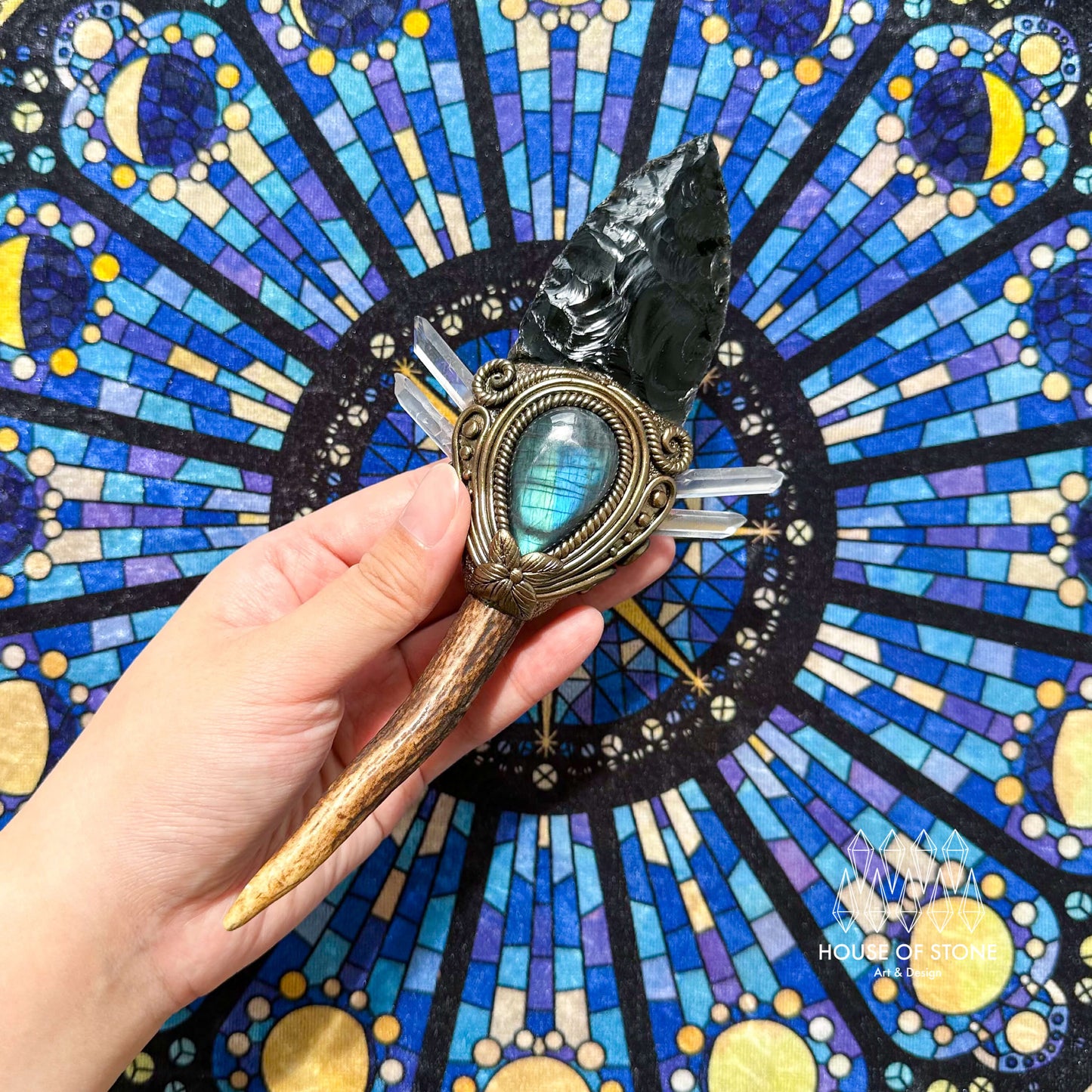 Natural Handmade Black Obsidian AntlerWand/Magic Obsidian Witch Crystal Wand/Labradorite AntlerWand/Chakra/Manifest Altar Tool