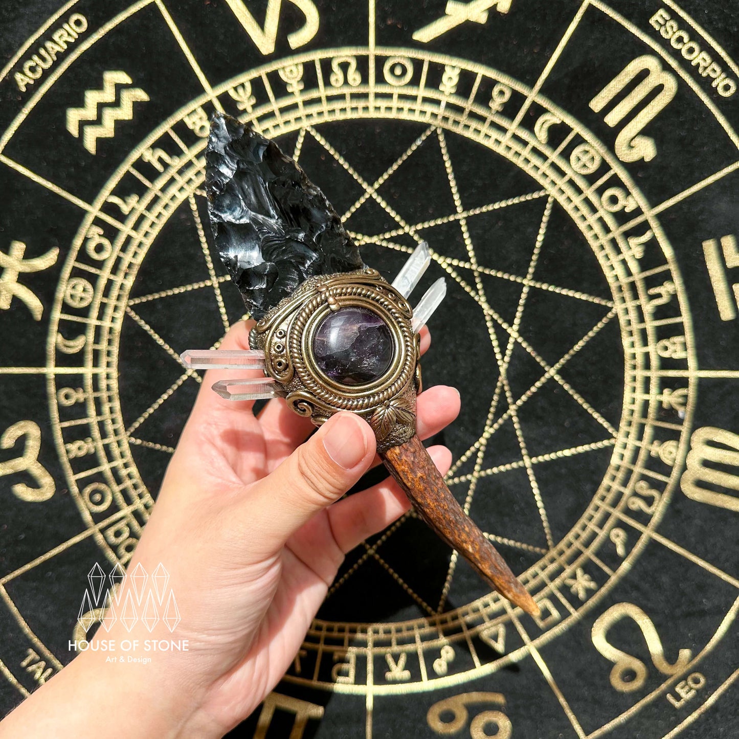 Natural Handmade Black Obsidian AntlerWand/Magic Obsidian Witch Crystal Wand/Labradorite AntlerWand/Chakra/Manifest Altar Tool