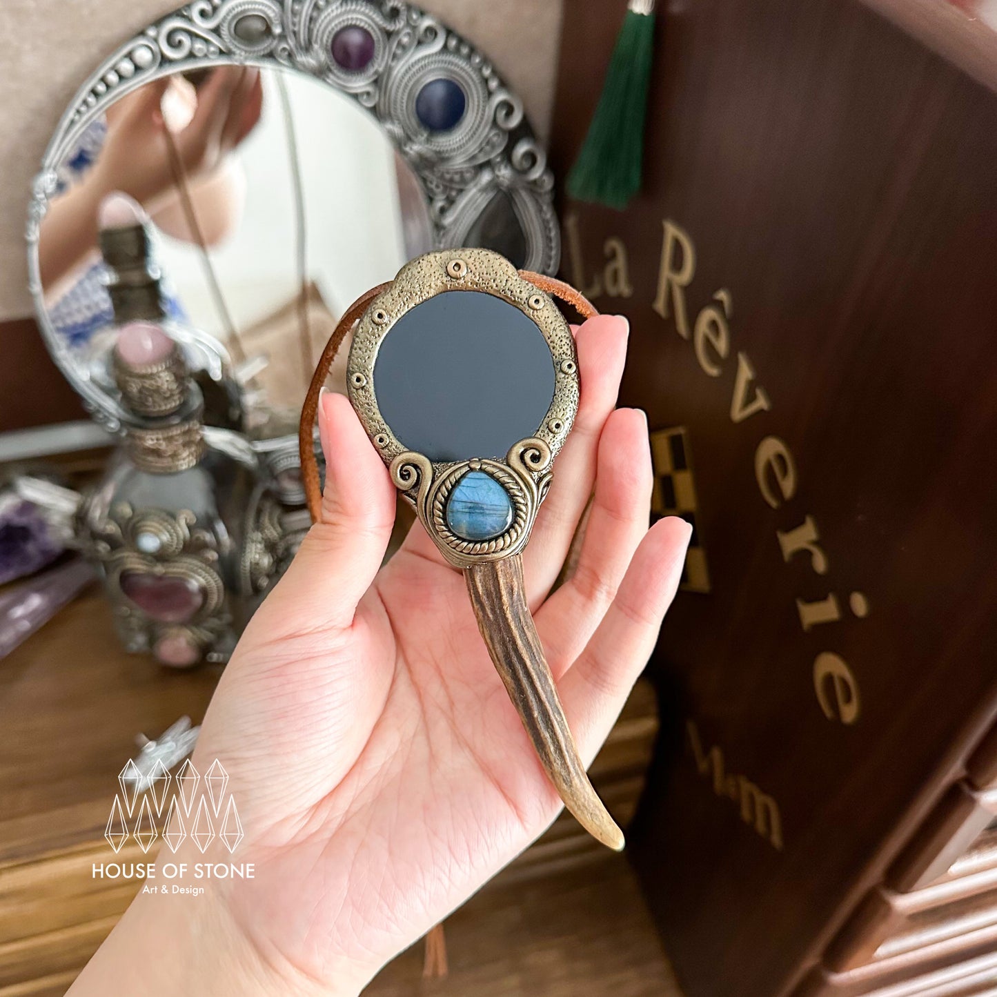 Natural Handmade Black Obsidian Pendant Necklace/Magic Obsidian Mirror Antler Crystal Pendant/Scrying Mirror Antler Jewelry/Chakra/AltarTool