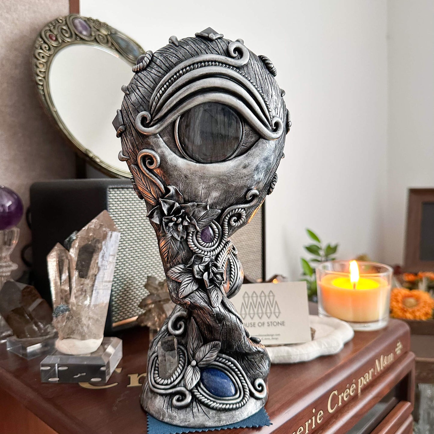 Handmade Natural Black Obsidian Mirror/Magic Obsidian Witch/Crystal Quartz with Base/Scrying Mirror/Root Chakra/Manifest Altar Tool