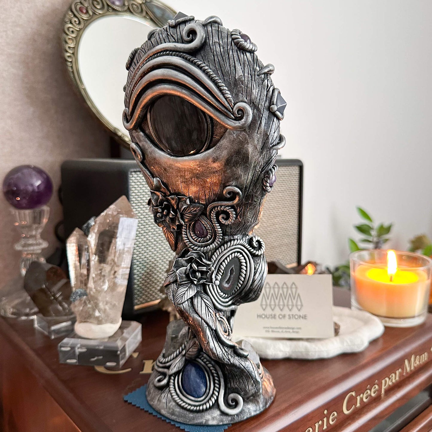 Handmade Natural Black Obsidian Mirror/Magic Obsidian Witch/Crystal Quartz with Base/Scrying Mirror/Root Chakra/Manifest Altar Tool