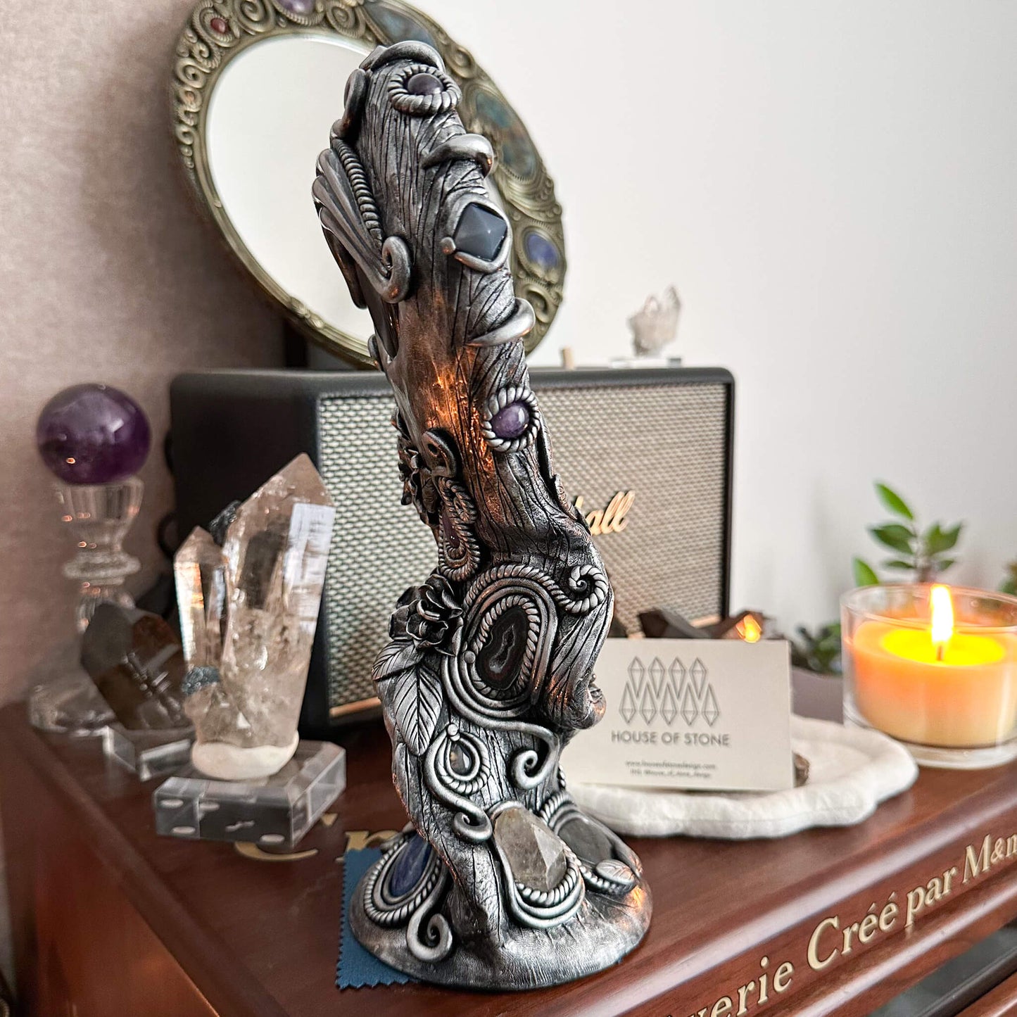 Handmade Natural Black Obsidian Mirror/Magic Obsidian Witch/Crystal Quartz with Base/Scrying Mirror/Root Chakra/Manifest Altar Tool