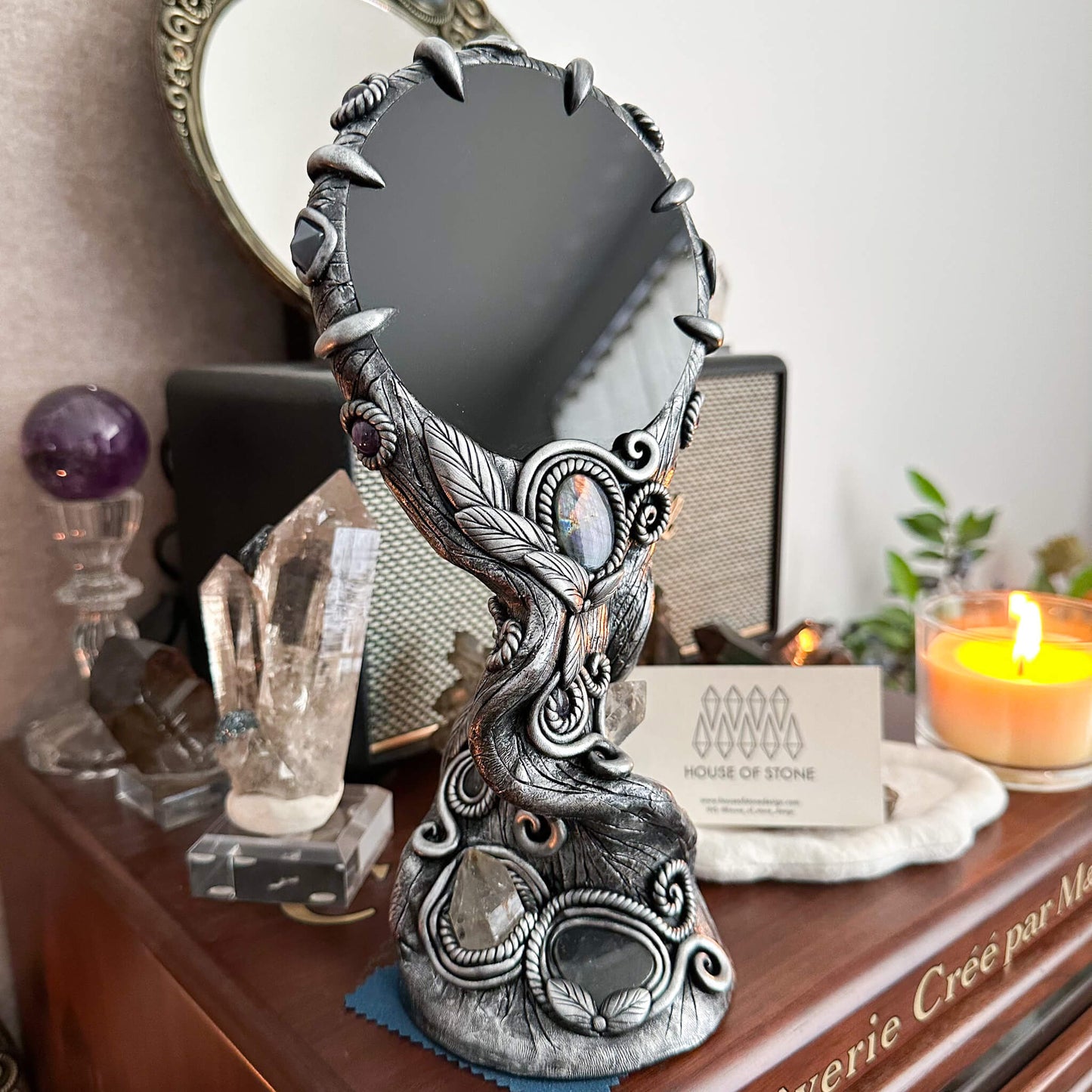 Handmade Natural Black Obsidian Mirror/Magic Obsidian Witch/Crystal Quartz with Base/Scrying Mirror/Root Chakra/Manifest Altar Tool