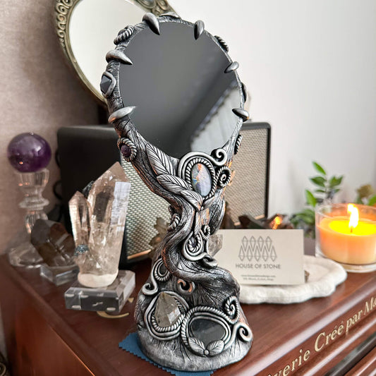 Handmade Natural Black Obsidian Mirror/Magic Obsidian Witch/Crystal Quartz with Base/Scrying Mirror/Root Chakra/Manifest Altar Tool