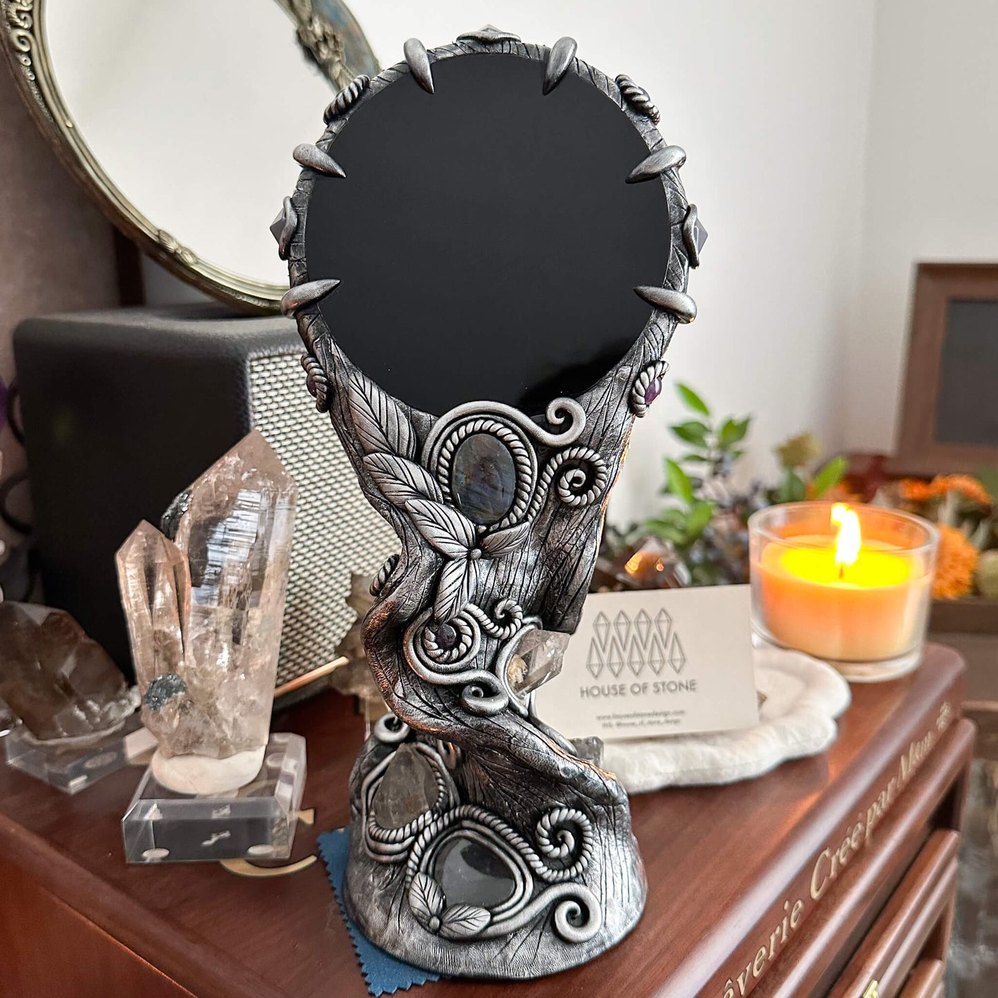 Handmade Natural Black Obsidian Mirror/Magic Obsidian Witch/Crystal Quartz with Base/Scrying Mirror/Root Chakra/Manifest Altar Tool