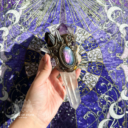 Natural Handmade Amethyst Crystal Quartz Wand/Magic Witch Crystal Antler Wand/Amethyst Brazil Clear Quartz Labradorite Wand/Chakra Healing/Manifest Altar Tool