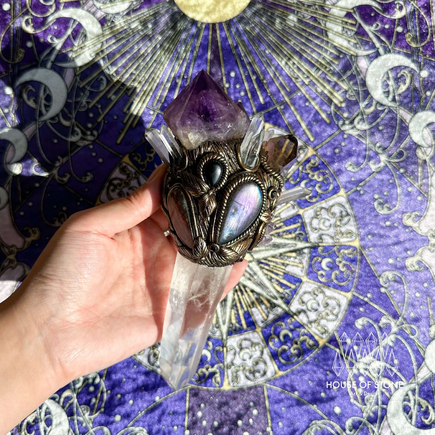 Natural Handmade Amethyst Crystal Quartz Wand/Magic Witch Crystal Antler Wand/Amethyst Brazil Clear Quartz Labradorite Wand/Chakra Healing/Manifest Altar Tool