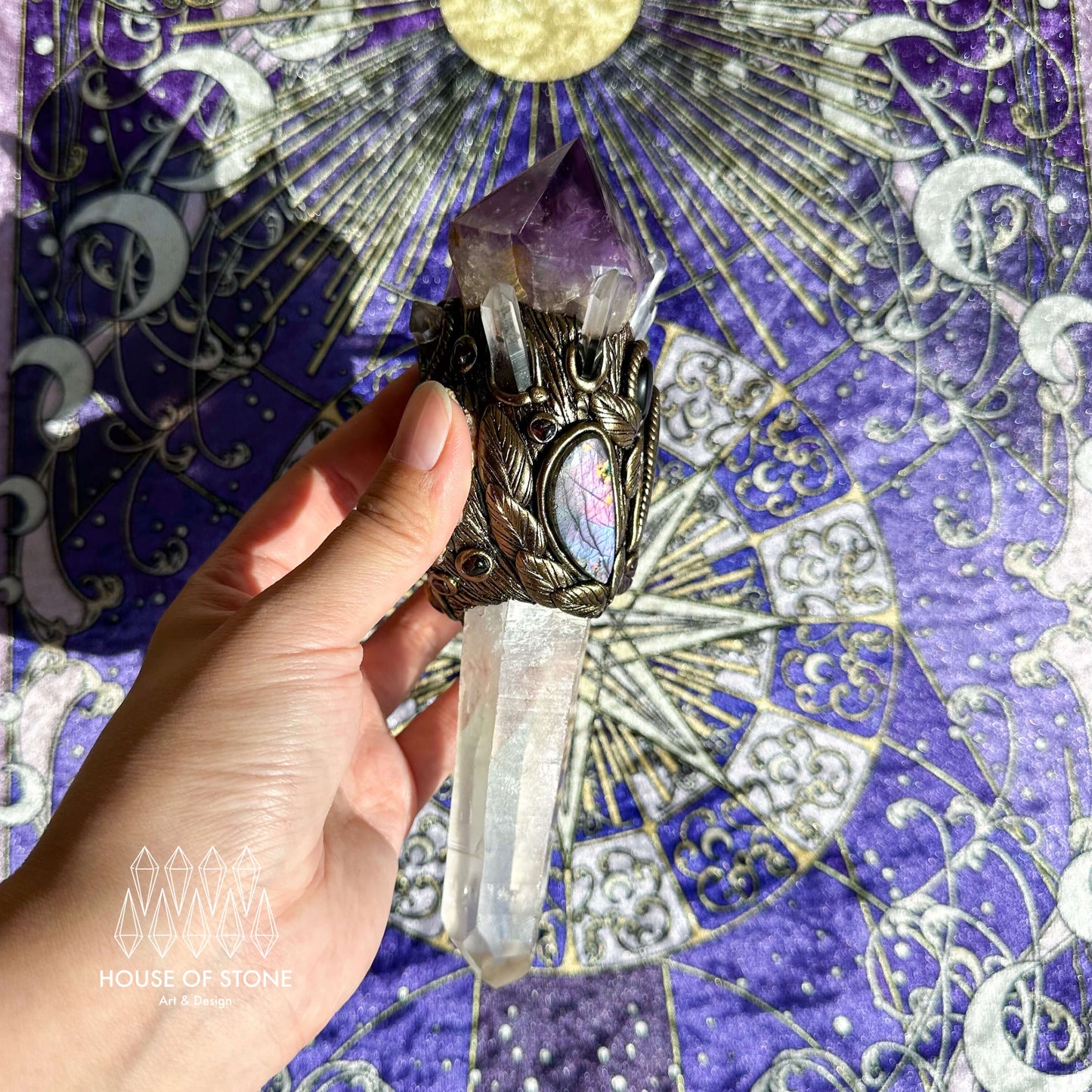 Natural Handmade Amethyst Crystal Quartz Wand/Magic Witch Crystal Antler Wand/Amethyst Brazil Clear Quartz Labradorite Wand/Chakra Healing/Manifest Altar Tool