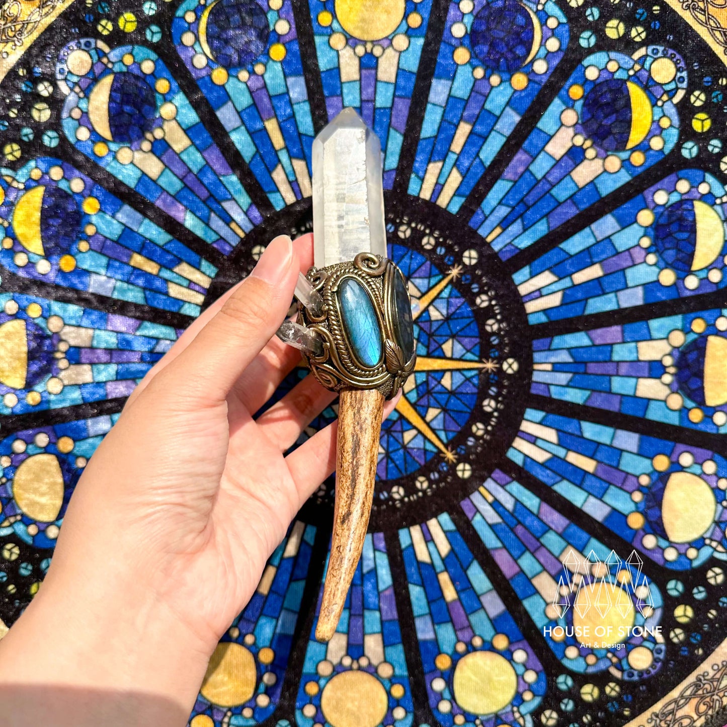 Natural Handmade Crystal Brazil Lemurian Quartz Antler Wand/Magic Clear Quartz Witch Wand/Labradorite Amethyst Antler Wand/Chakra/Altar Tool