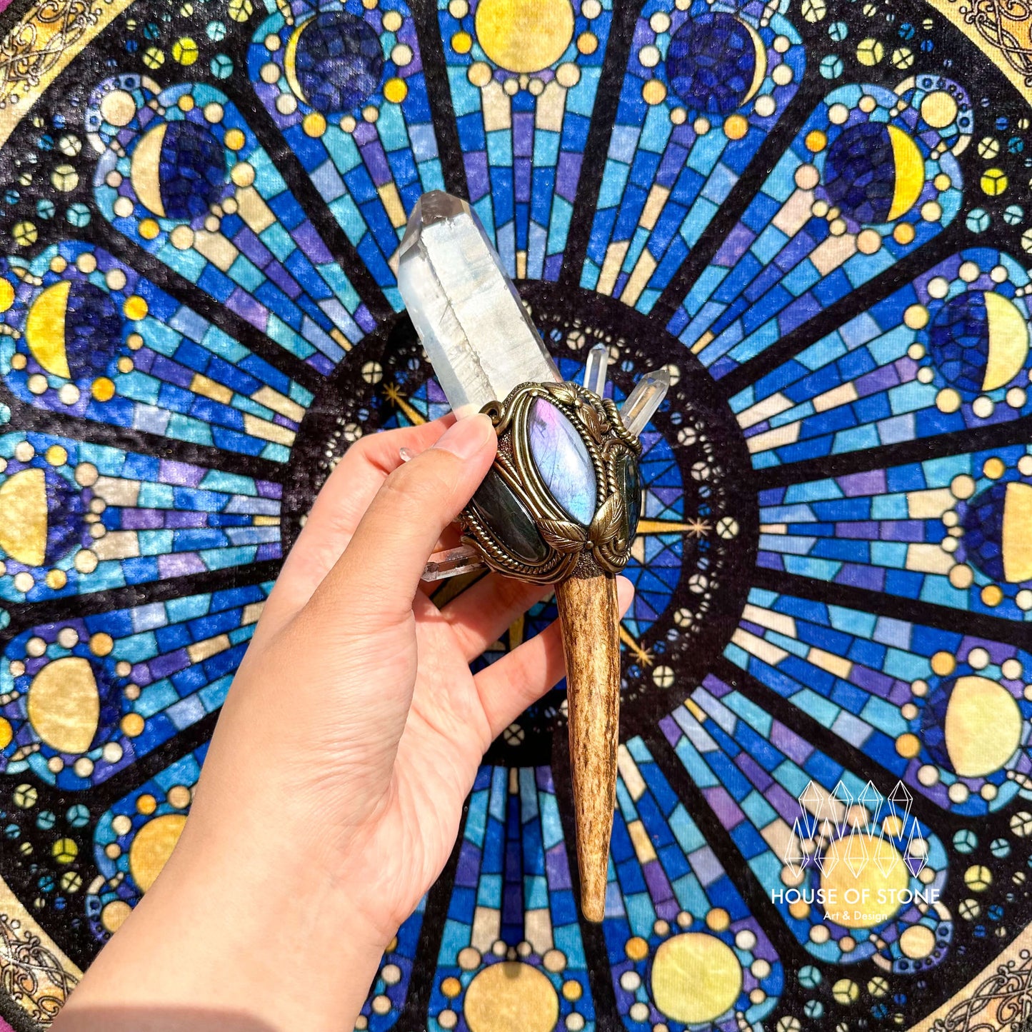 Natural Handmade Crystal Brazil Lemurian Quartz Antler Wand/Magic Clear Quartz Witch Wand/Labradorite Amethyst Antler Wand/Chakra/Altar Tool