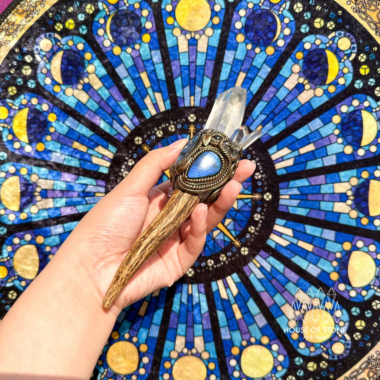 Natural Handmade Crystal Brazil Lemurian Quartz Antler Wand/Magic Clear Quartz Witch Wand/Labradorite Amethyst Antler Wand/Chakra/Altar Tool