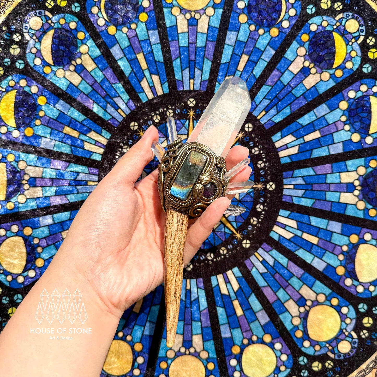 Natural Handmade Crystal Brazil Lemurian Quartz Antler Wand/Magic Clear Quartz Witch Wand/Labradorite Amethyst Antler Wand/Chakra/Altar Tool