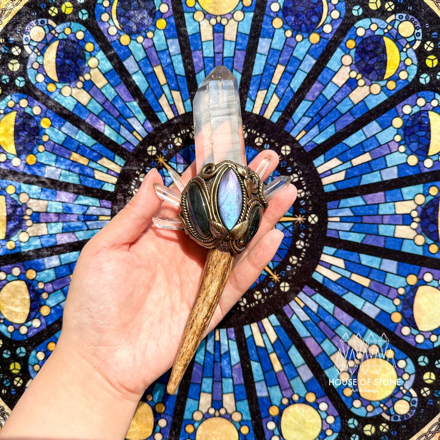 Natural Handmade Crystal Brazil Lemurian Quartz Antler Wand/Magic Clear Quartz Witch Wand/Labradorite Amethyst Antler Wand/Chakra/Altar Tool