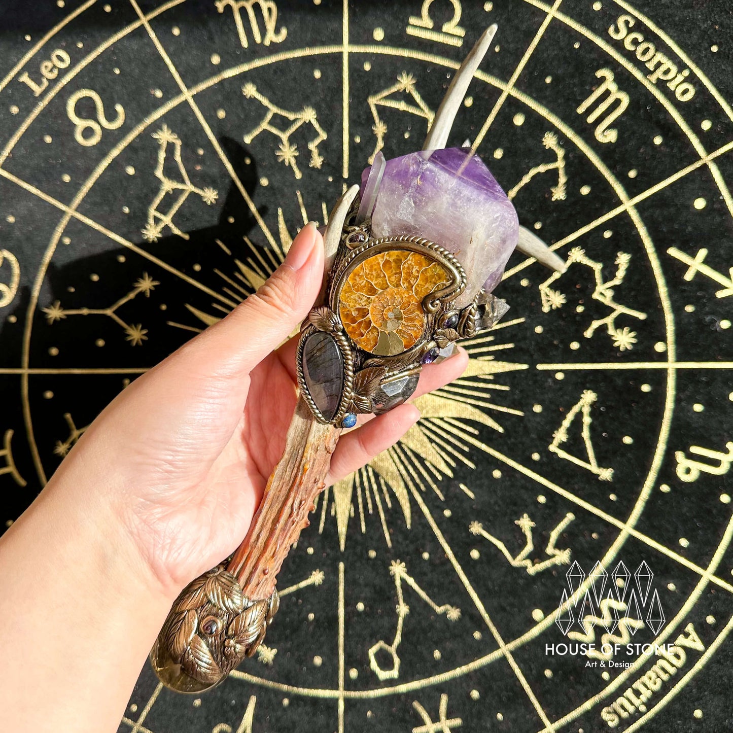 Natural Handmade Crystal Amethyst Antler Wand/Magic Smoky Quartz Witch Wand/Labradorite Amethyst Ammonite Antler Stem/Chakra/Altar Tool
