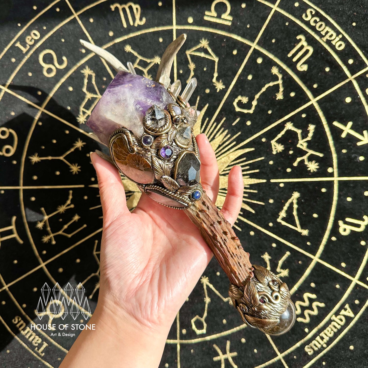 Natural Handmade Crystal Amethyst Antler Wand/Magic Smoky Quartz Witch Wand/Labradorite Amethyst Ammonite Antler Stem/Chakra/Altar Tool