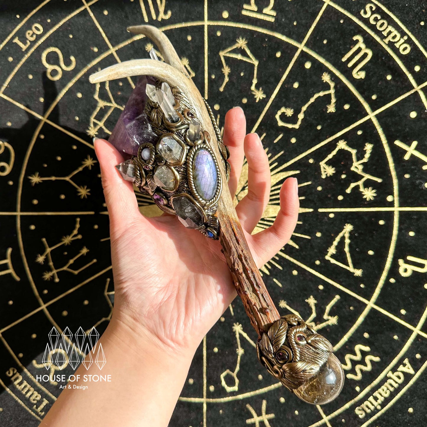 Natural Handmade Crystal Amethyst Antler Wand/Magic Smoky Quartz Witch Wand/Labradorite Amethyst Ammonite Antler Stem/Chakra/Altar Tool