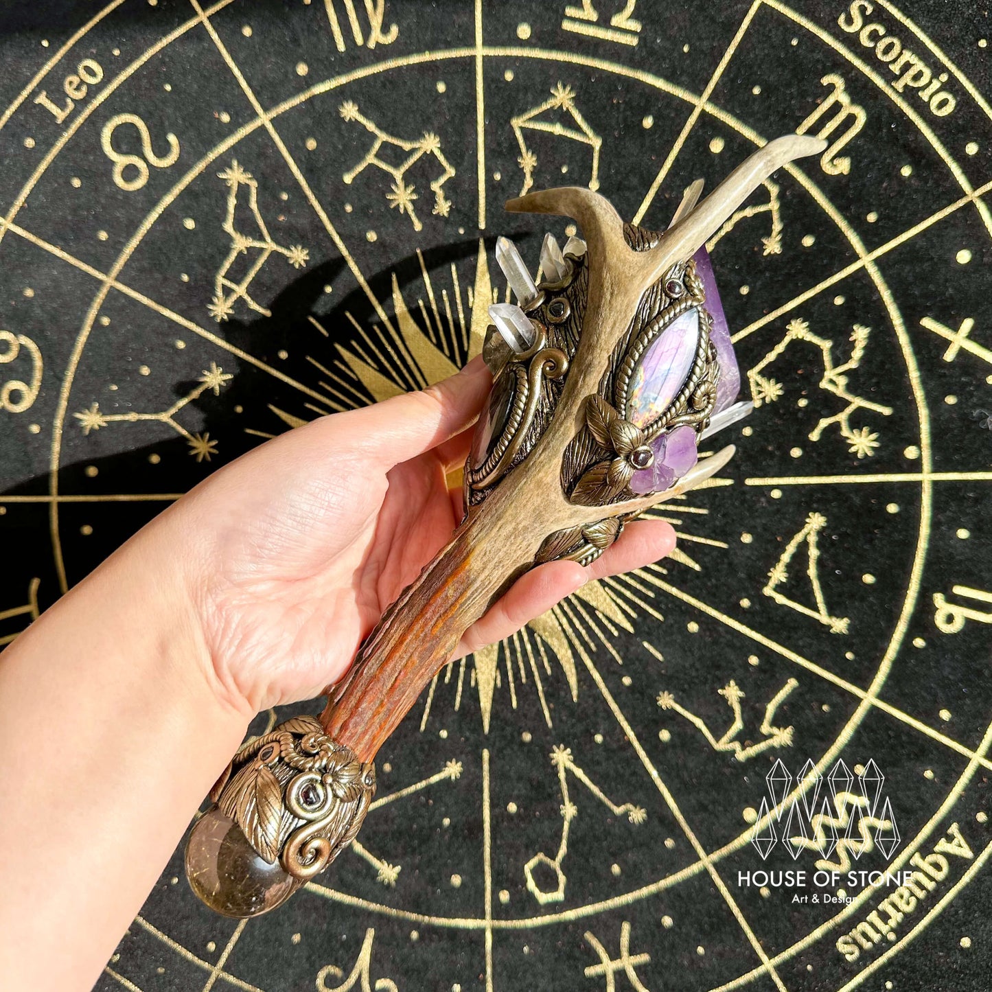Natural Handmade Crystal Amethyst Antler Wand/Magic Smoky Quartz Witch Wand/Labradorite Amethyst Ammonite Antler Stem/Chakra/Altar Tool