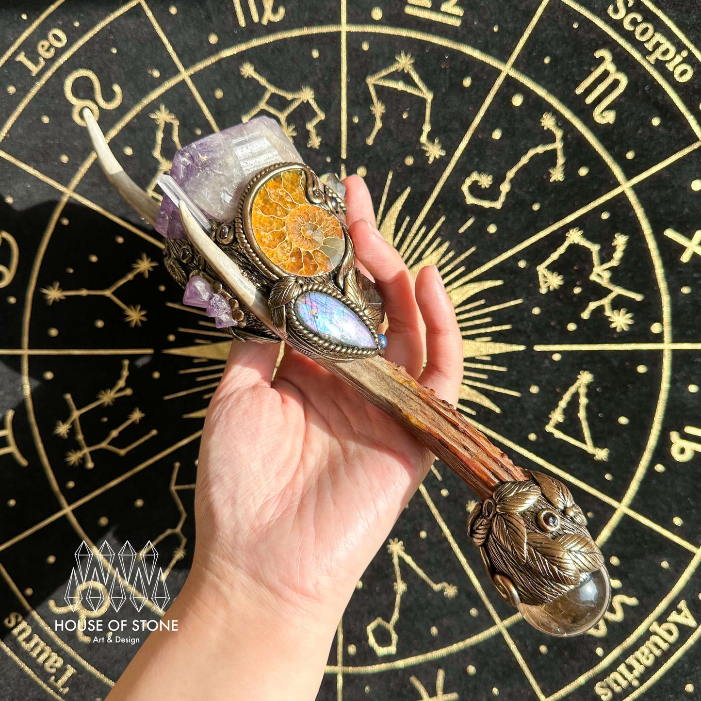 Natural Handmade Crystal Amethyst Antler Wand/Magic Smoky Quartz Witch Wand/Labradorite Amethyst Ammonite Antler Stem/Chakra/Altar Tool
