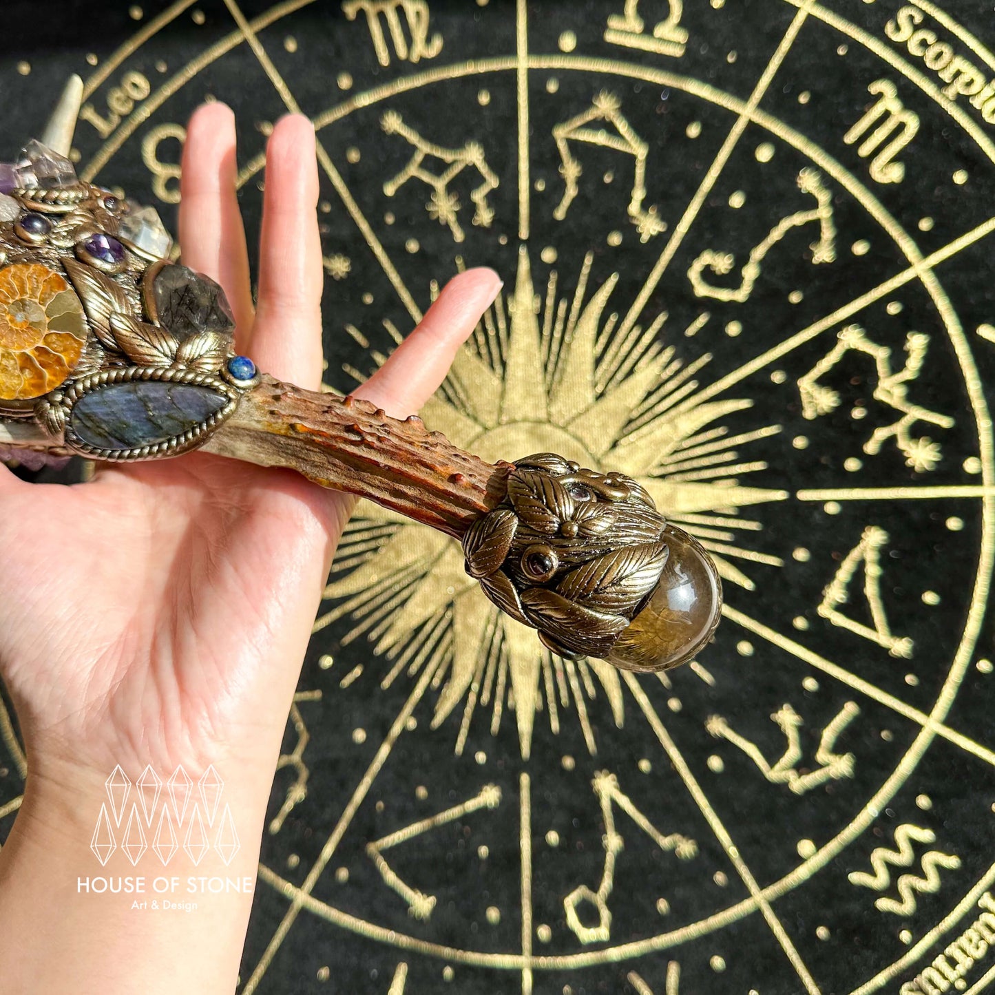 Natural Handmade Crystal Amethyst Antler Wand/Magic Smoky Quartz Witch Wand/Labradorite Amethyst Ammonite Antler Stem/Chakra/Altar Tool