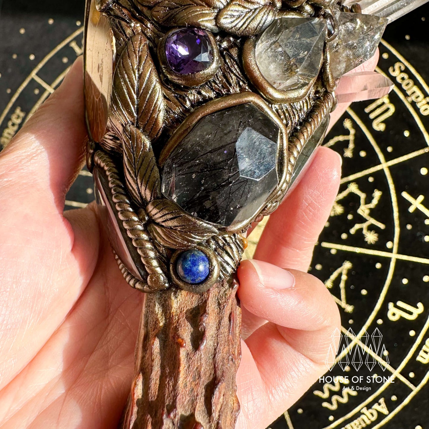 Natural Handmade Crystal Amethyst Antler Wand/Magic Smoky Quartz Witch Wand/Labradorite Amethyst Ammonite Antler Stem/Chakra/Altar Tool
