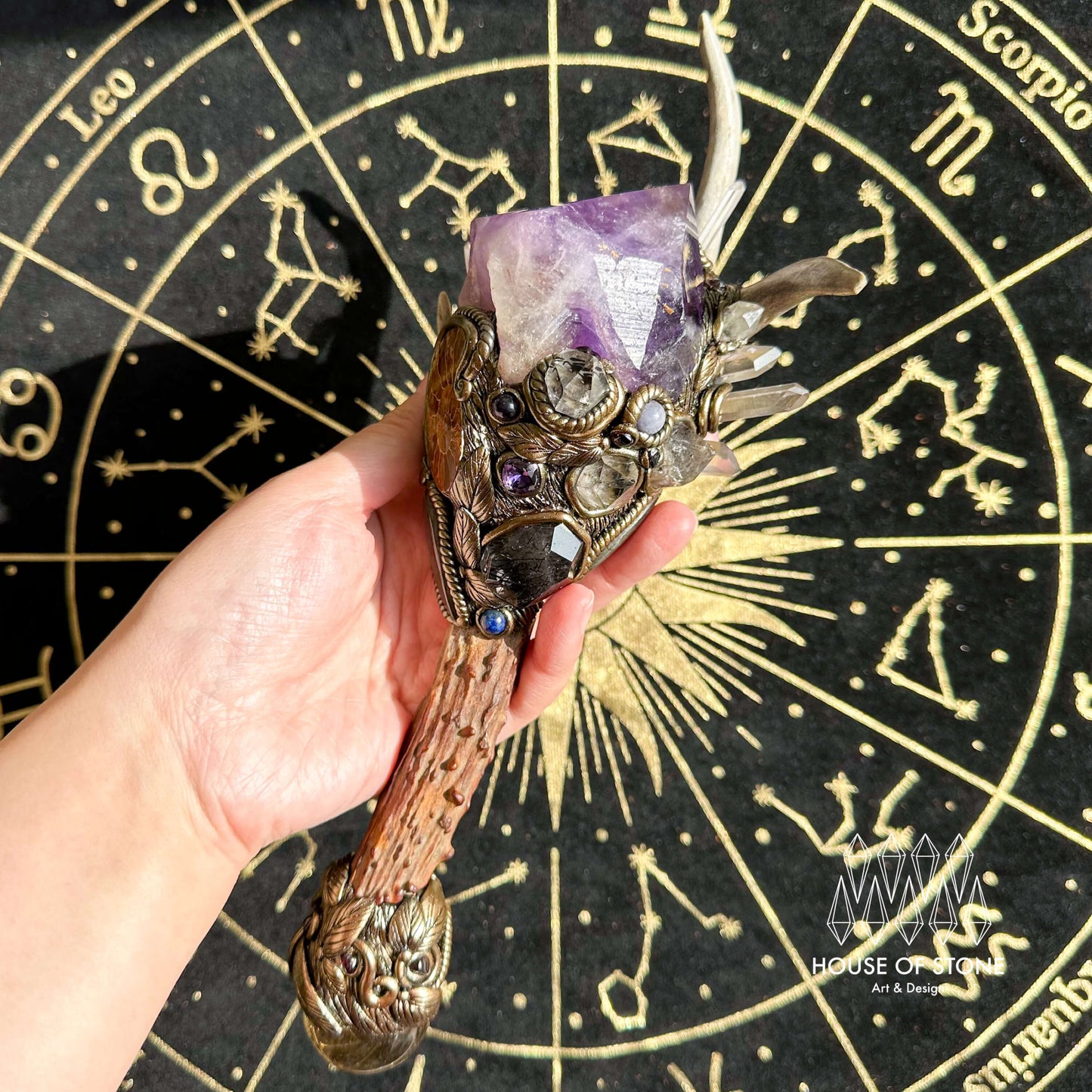 Natural Handmade Crystal Amethyst Antler Wand/Magic Smoky Quartz Witch Wand/Labradorite Amethyst Ammonite Antler Stem/Chakra/Altar Tool