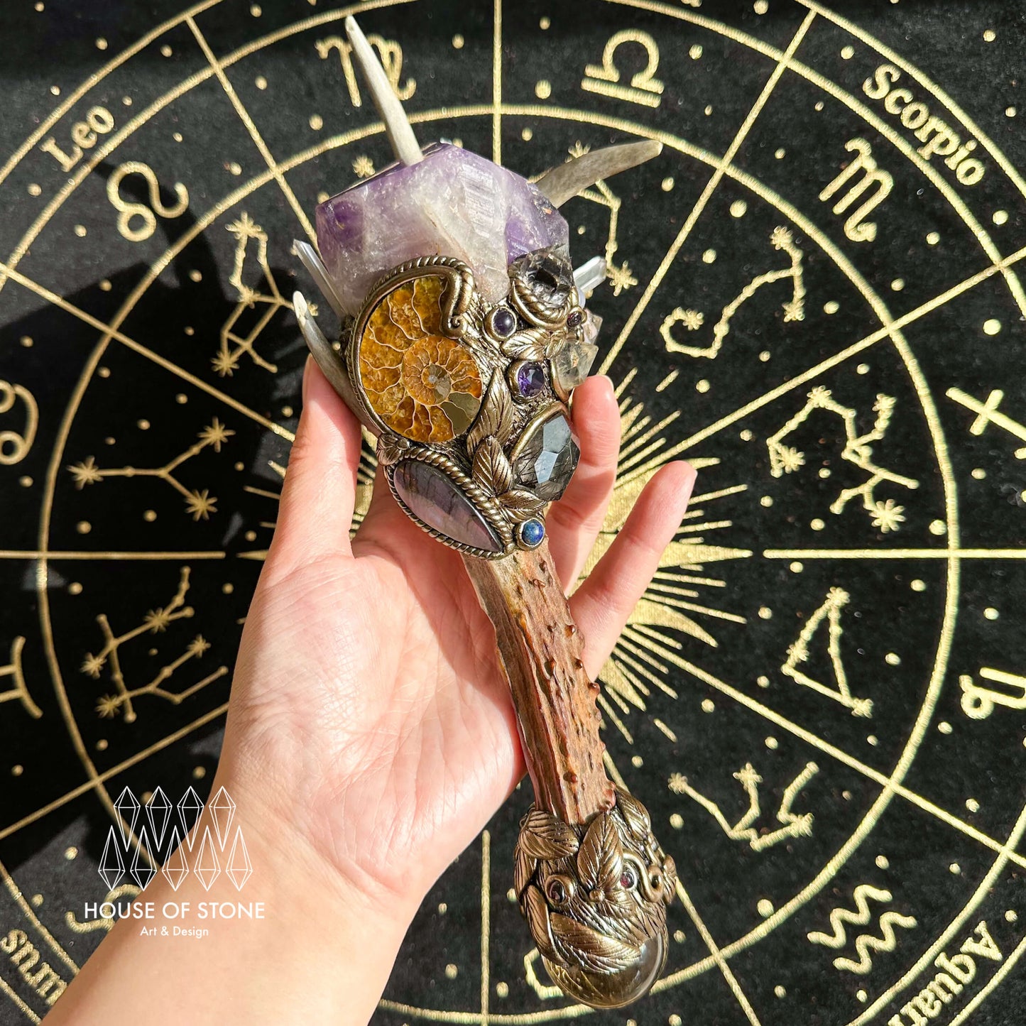 Natural Handmade Crystal Amethyst Antler Wand/Magic Smoky Quartz Witch Wand/Labradorite Amethyst Ammonite Antler Stem/Chakra/Altar Tool