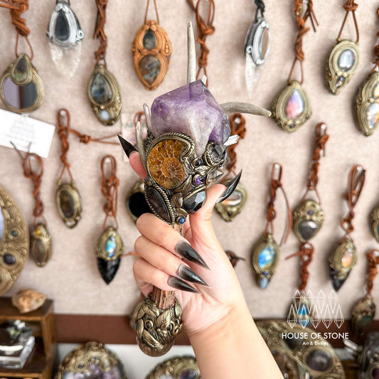 Natural Handmade Crystal Amethyst Antler Wand/Magic Smoky Quartz Witch Wand/Labradorite Amethyst Ammonite Antler Stem/Chakra/Altar Tool