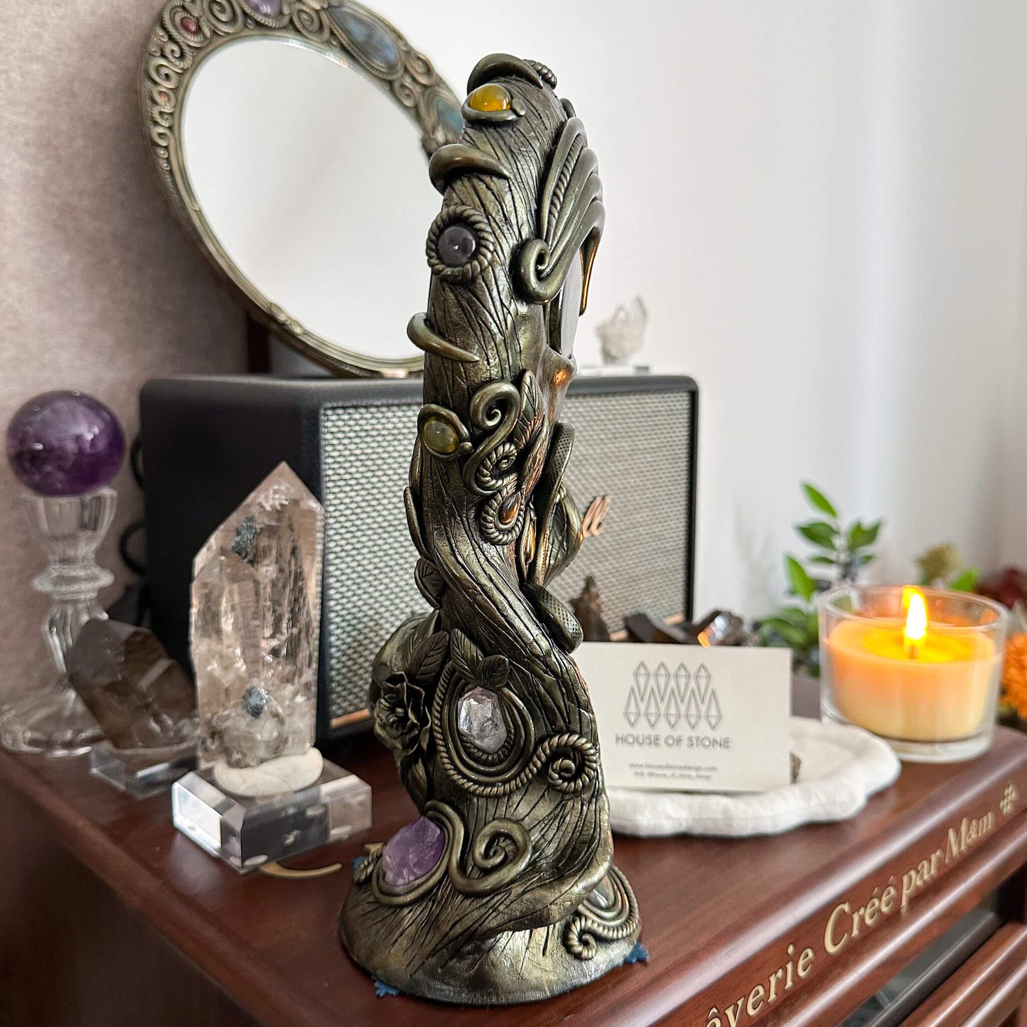 Handmade Natural Black Obsidian Mirror/Magic Obsidian Witch/Crystal Quartz with Base/Scrying Mirror/Root Chakra/Manifest Altar Tool