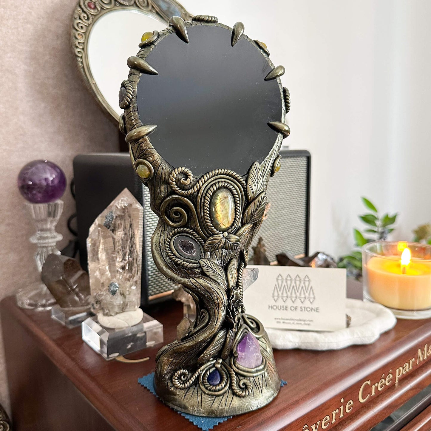 Handmade Natural Black Obsidian Mirror/Magic Obsidian Witch/Crystal Quartz with Base/Scrying Mirror/Root Chakra/Manifest Altar Tool