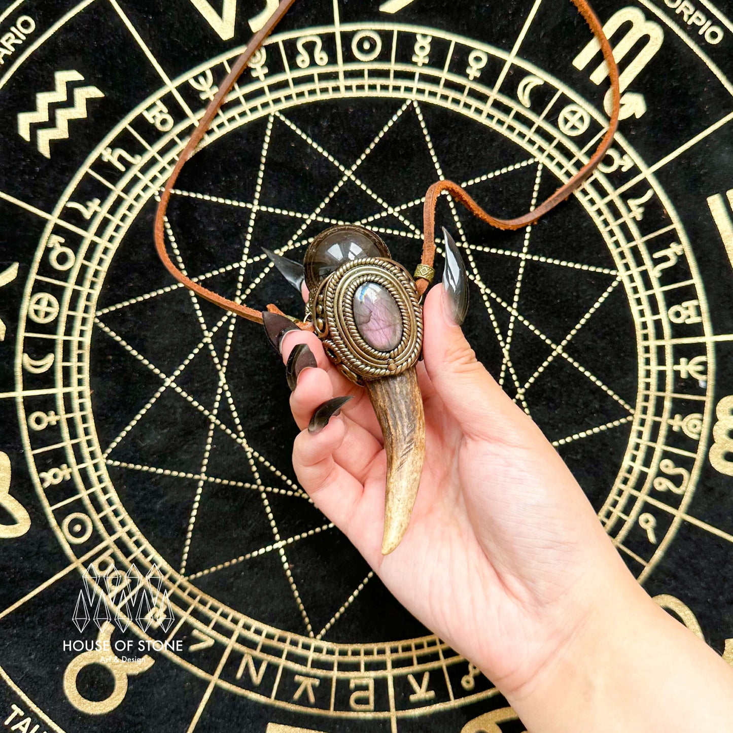 Natural Handmade Smoky Quartz Antler Pendant Necklace/Magic Smoky Quartz Crystal Double-sided Pendant/Labradorite Jewelry/Chakra/Altar Tool