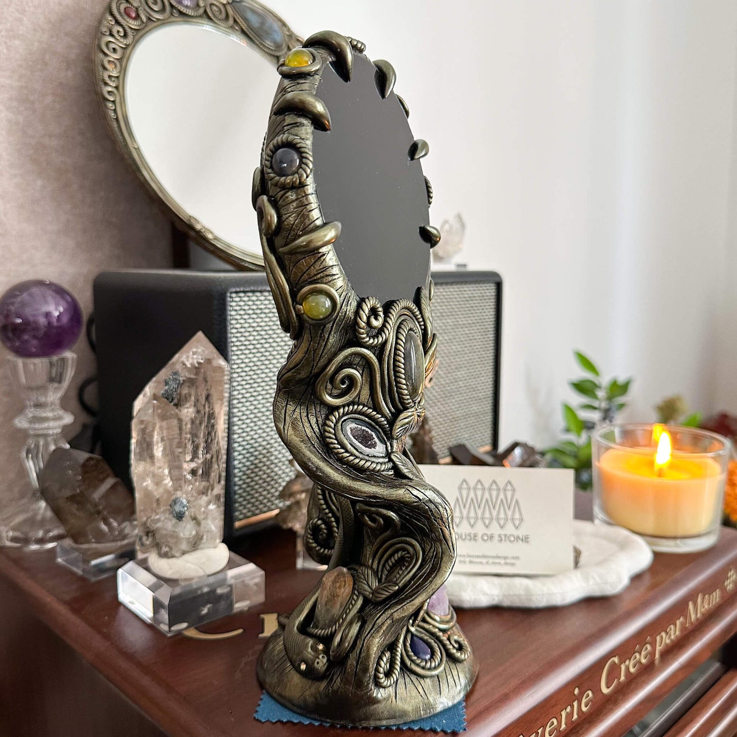 Handmade Natural Black Obsidian Mirror/Magic Obsidian Witch/Crystal Quartz with Base/Scrying Mirror/Root Chakra/Manifest Altar Tool