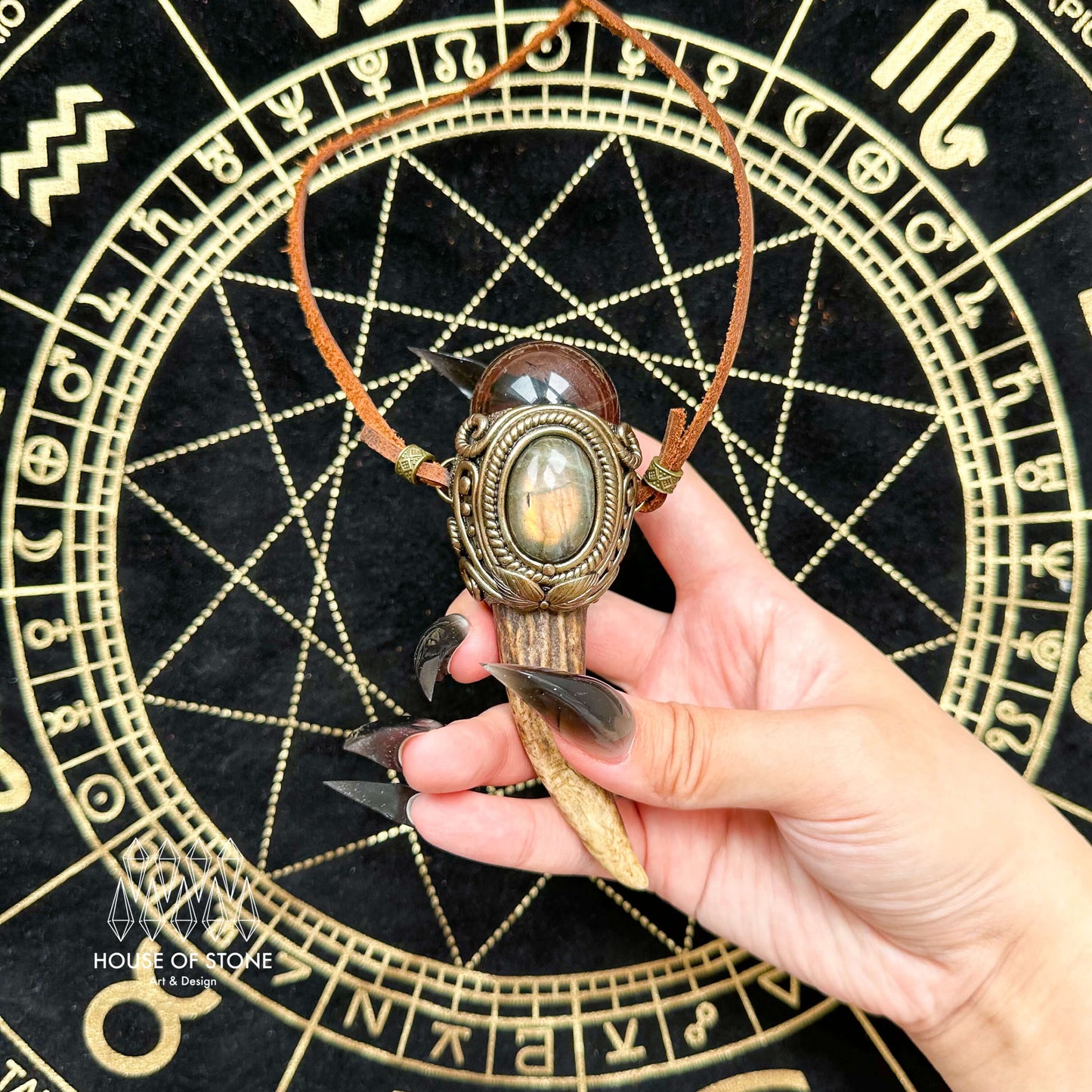 Natural Handmade Smoky Quartz Antler Pendant Necklace/Magic Smoky Quartz Crystal Double-sided Pendant/Labradorite Jewelry/Chakra/Altar Tool