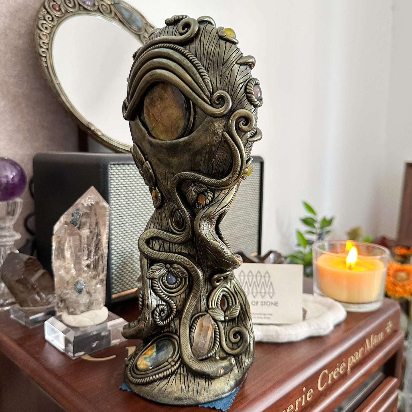 Handmade Natural Black Obsidian Mirror/Magic Obsidian Witch/Crystal Quartz with Base/Scrying Mirror/Root Chakra/Manifest Altar Tool