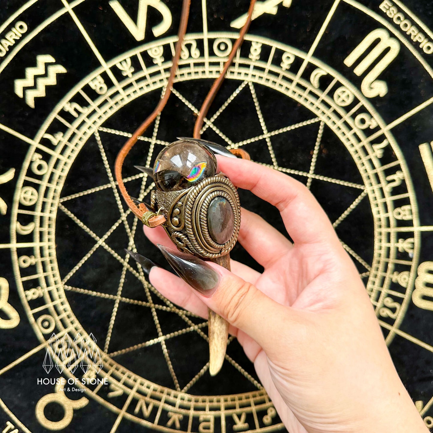 Natural Handmade Smoky Quartz Antler Pendant Necklace/Magic Smoky Quartz Crystal Double-sided Pendant/Labradorite Jewelry/Chakra/Altar Tool