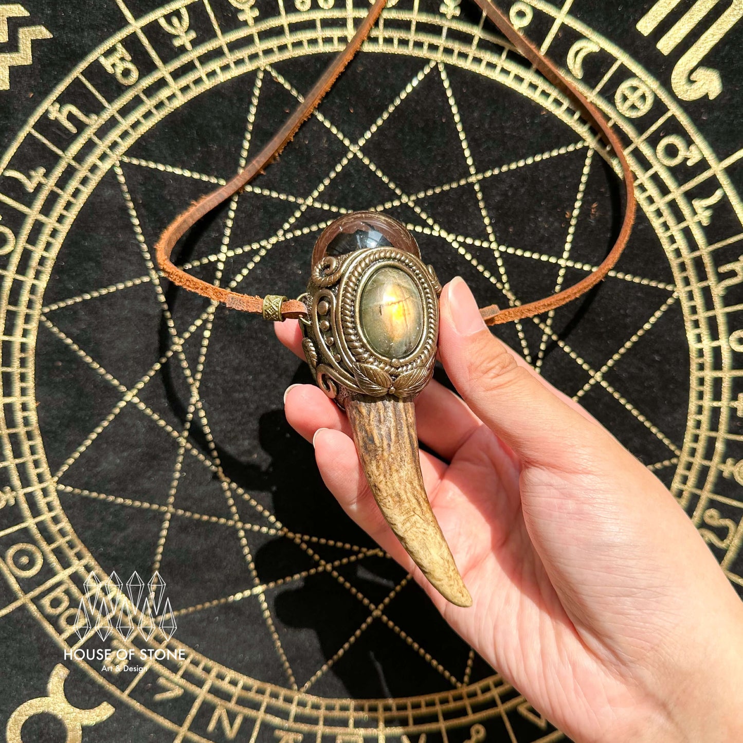 Natural Handmade Smoky Quartz Antler Pendant Necklace/Magic Smoky Quartz Crystal Double-sided Pendant/Labradorite Jewelry/Chakra/Altar Tool