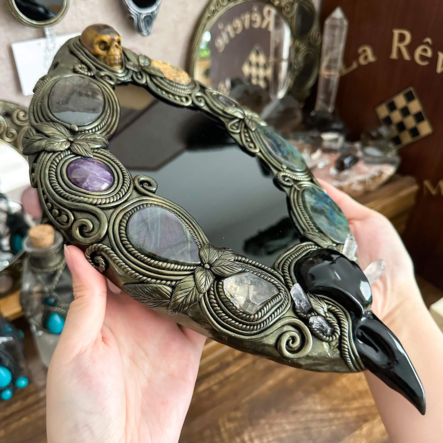 Handmade Natural Black Obsidian Crystal Wall Hanging Decor/Magic XXLarge Obsidian Mirror Spiritual Window Interior Room Hangings/Scrying Mirror Door Hanging/Altar Tool