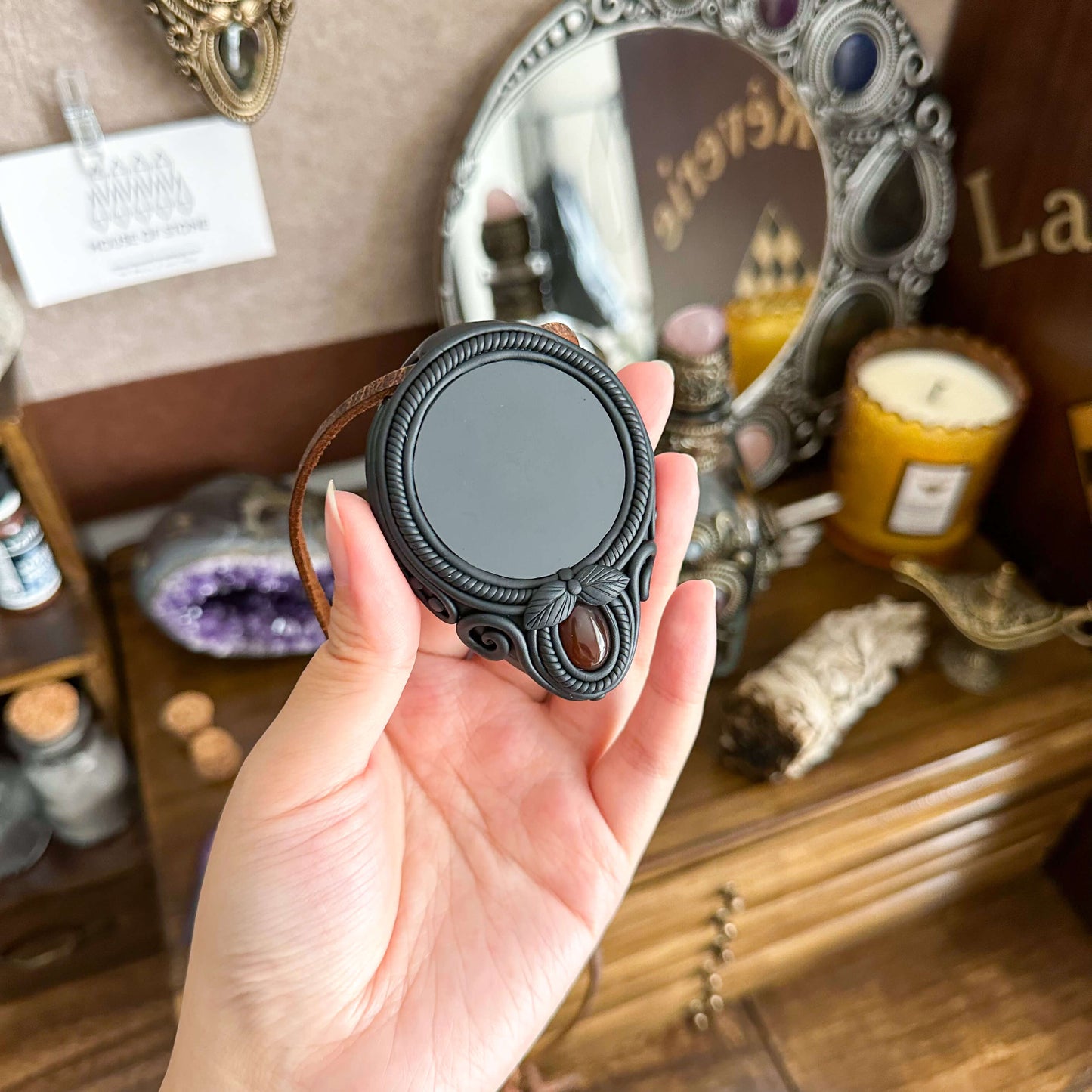 Natural Handmade Black Obsidian Pendant Necklace/Magic Obsidian Mirror Crystal Pendant/Scrying Mirror Red Agate Jewelry/Altar Tool