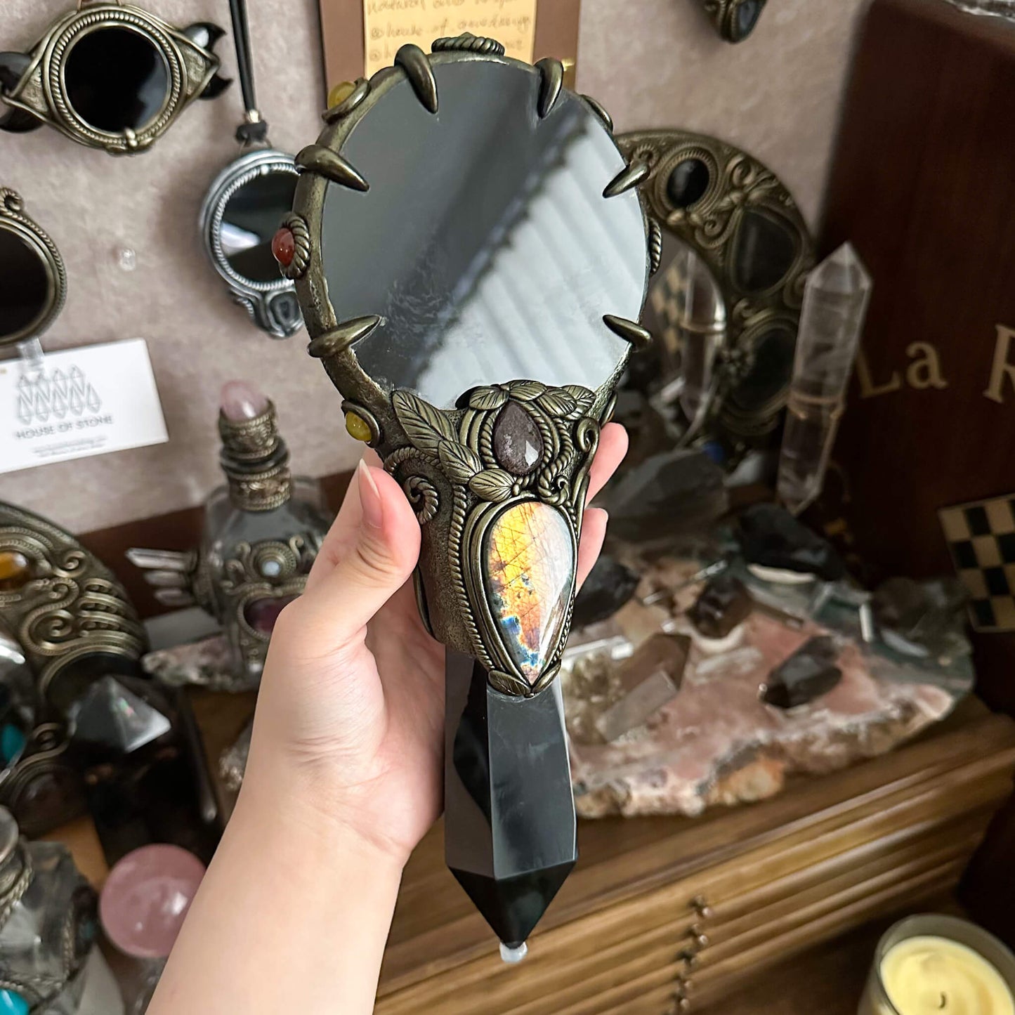 Handmade Natural Black Obsidian Mirror/Magic Obsidian Witch Wand/Crystal Quartz Wand/Scrying Mirror Wand/Root Chakra/Manifest Altar Tool