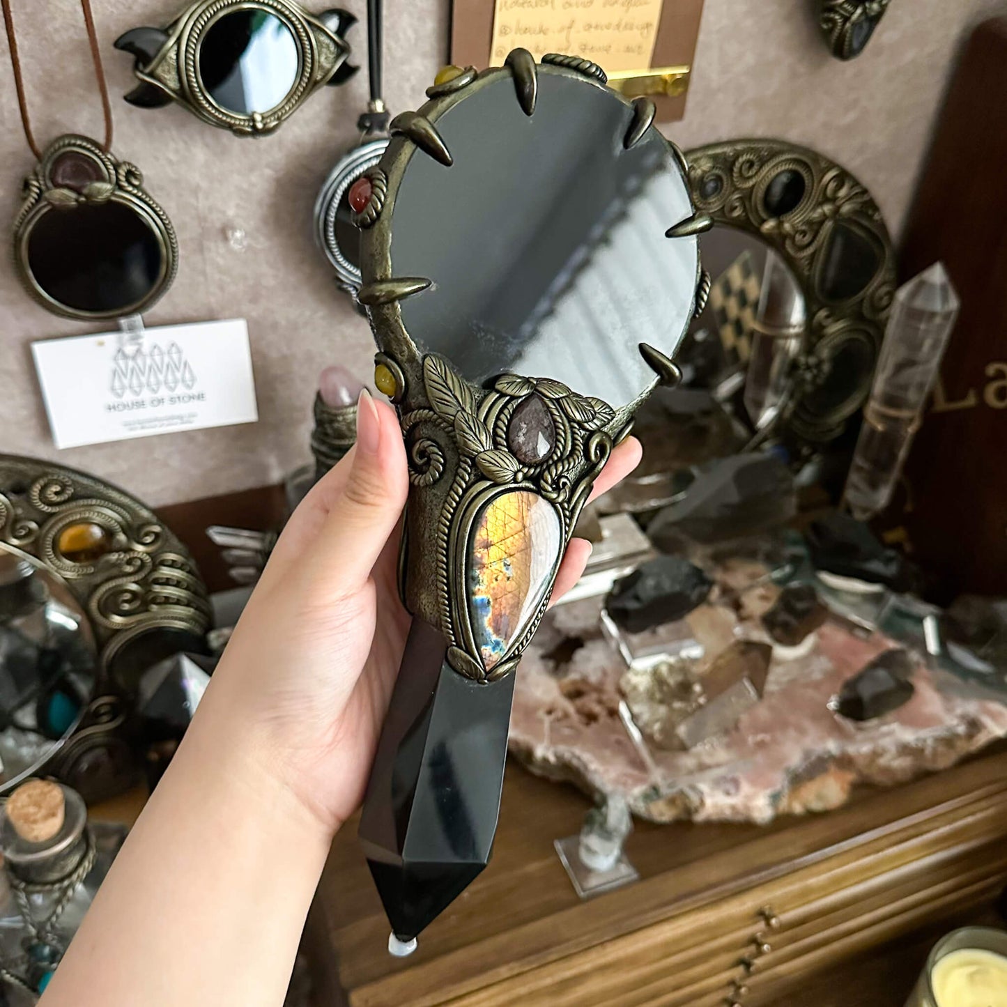 Handmade Natural Black Obsidian Mirror/Magic Obsidian Witch Wand/Crystal Quartz Wand/Scrying Mirror Wand/Root Chakra/Manifest Altar Tool